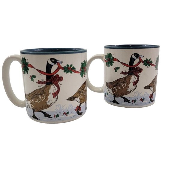 Potpourri Press Christmas Geese Ceramic Holiday Coffee Tea Mugs Cups – Set of 2 - Picture 1 of 16